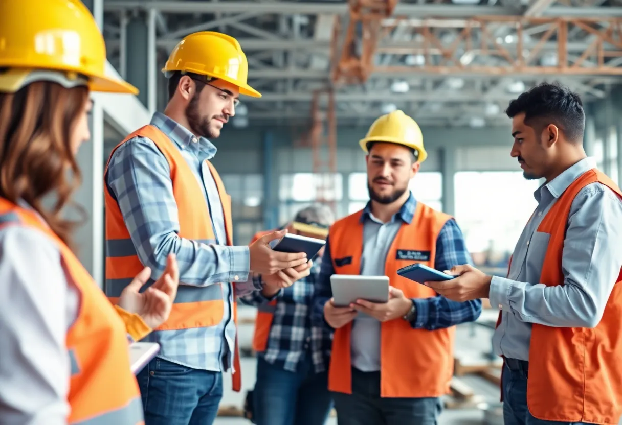 Construction team using digital tools on site