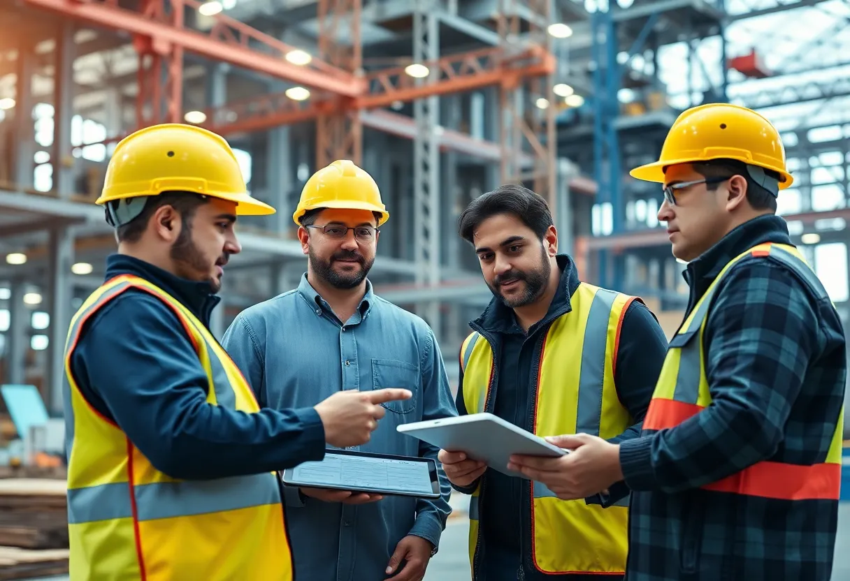 Construction workers using software tools for estimating costs on site