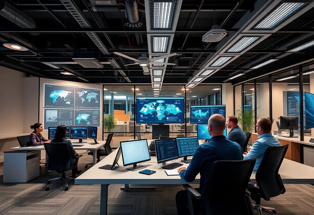 An office scene depicting advanced security integration technologies including AI interfaces and VR training.