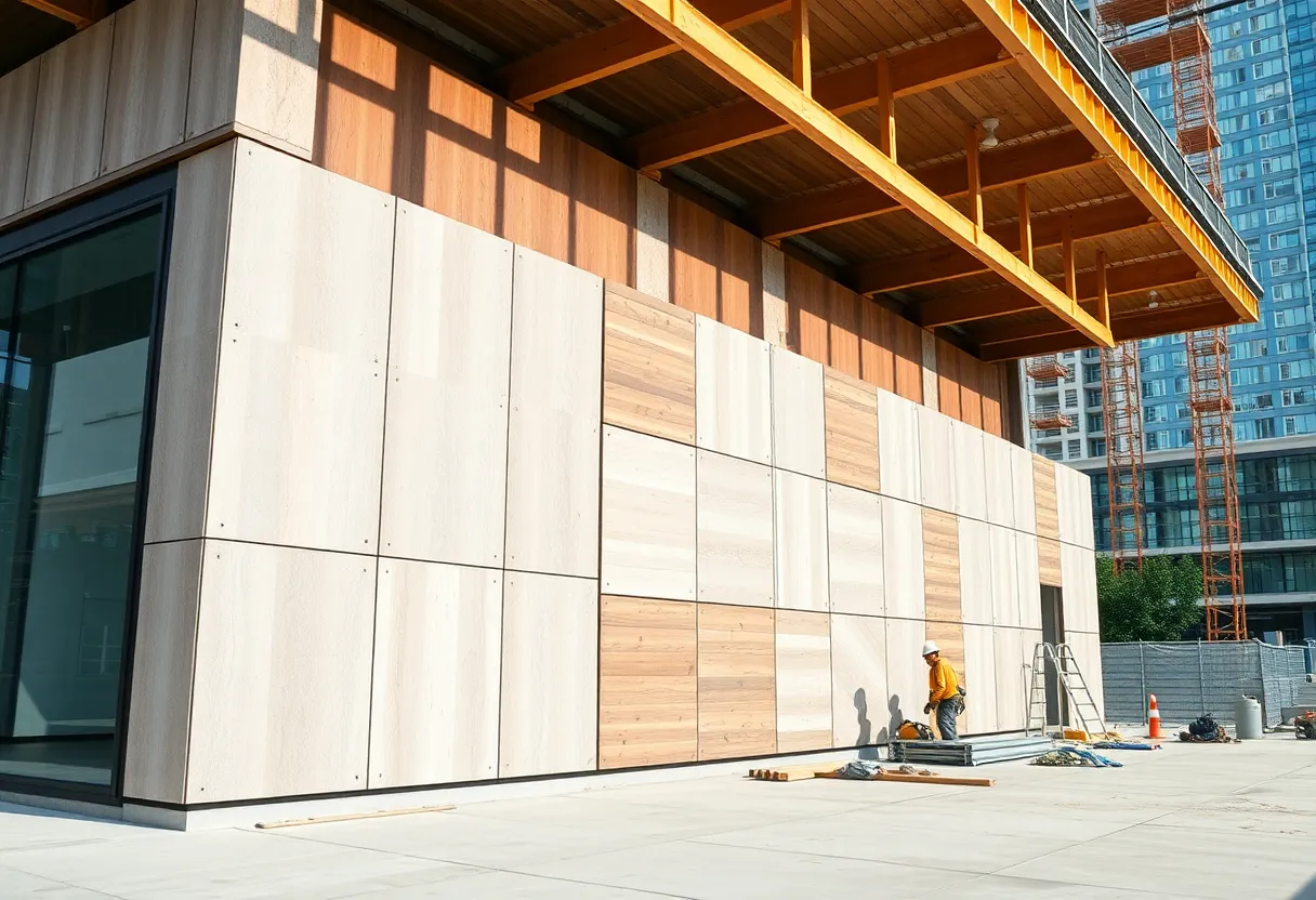 Construction workers installing modular wall panel systems