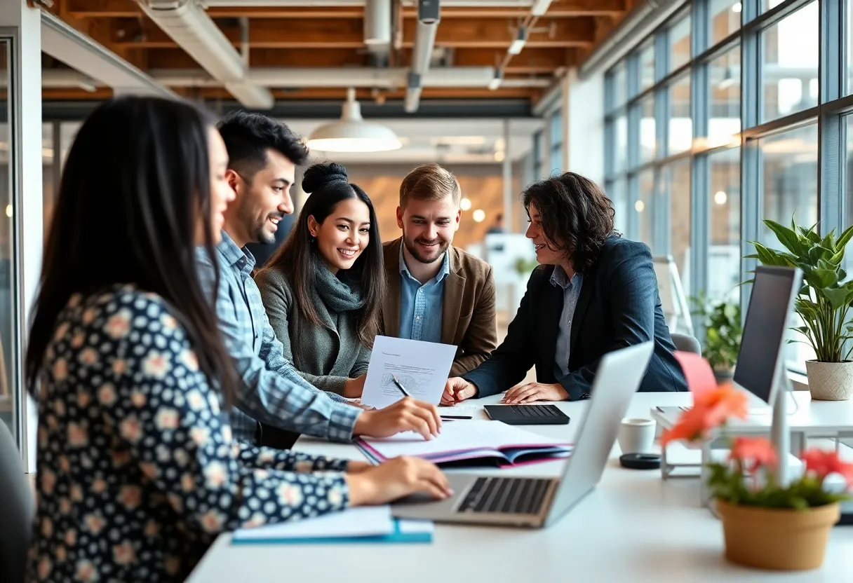 Diverse team collaborating in a modern office improving workforce strategy.