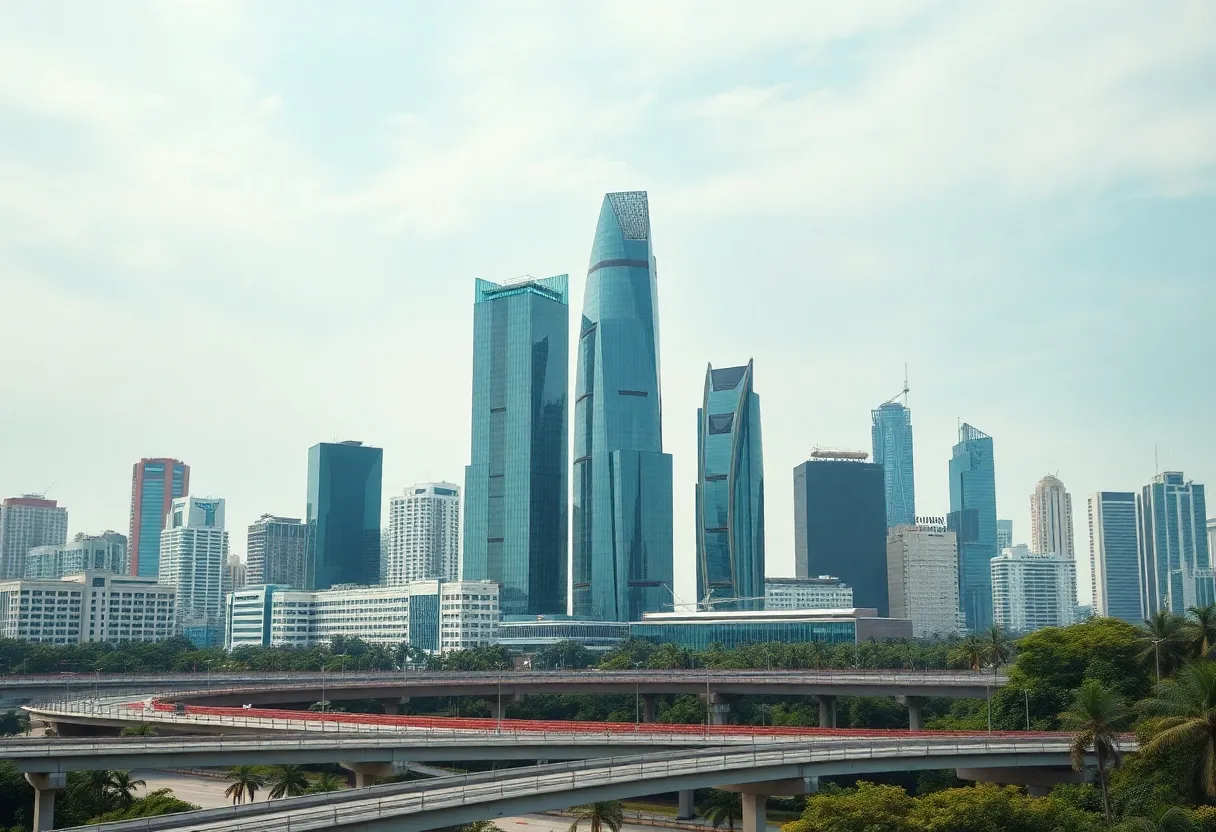 A view of a modern urban landscape in Vietnam with green buildings