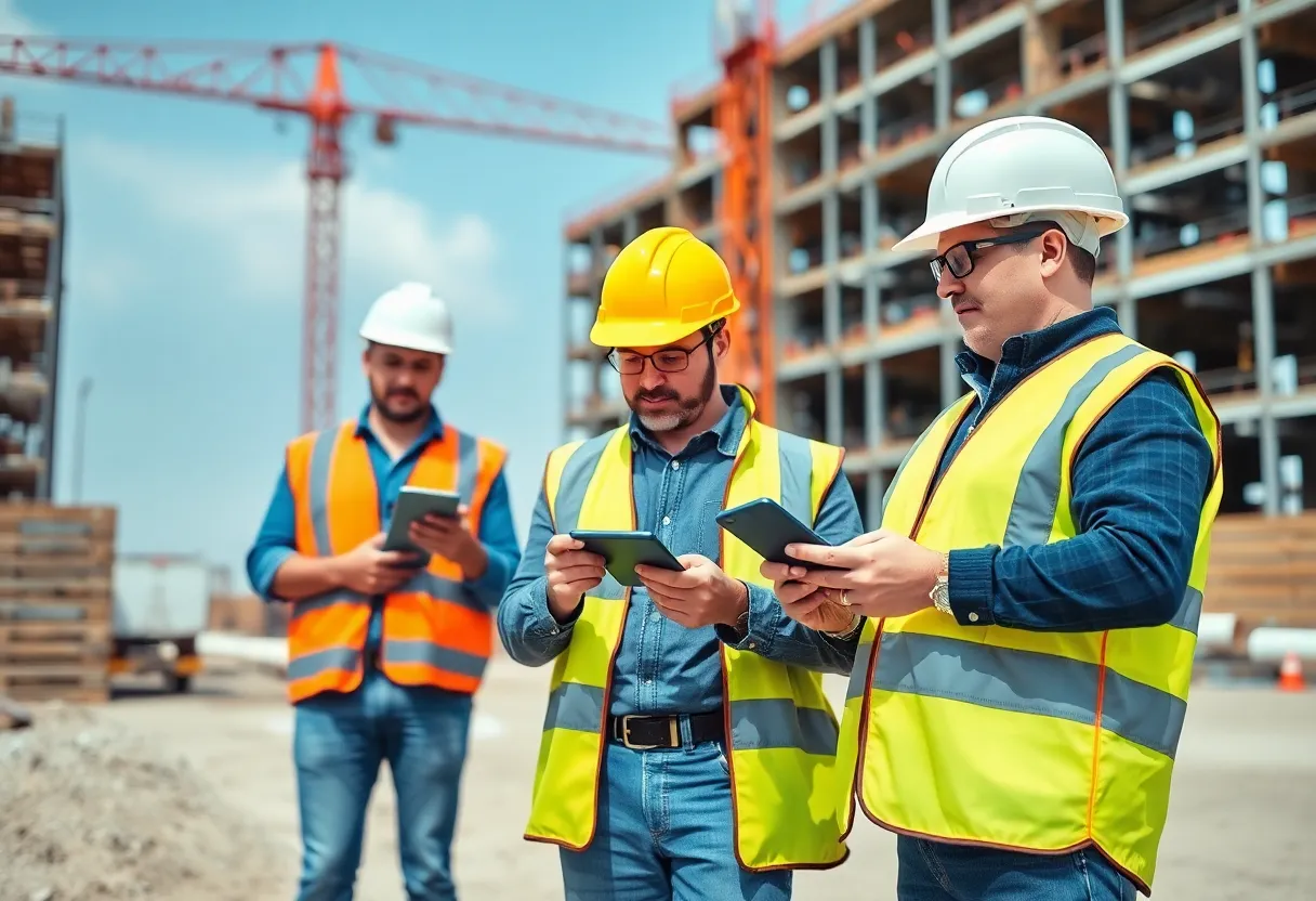 Construction workers collaborating through cloud technology