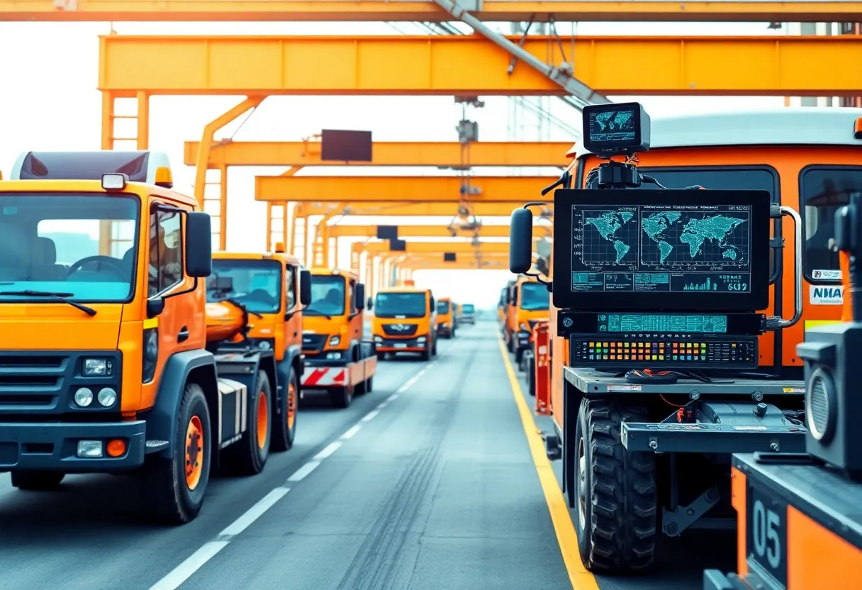 Heavy machinery on a road construction site with monitoring technology