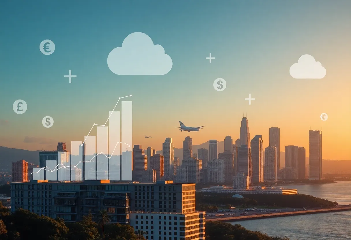 Florianópolis skyline with abstract digital finance and SaaS graphics symbolizing a software investment