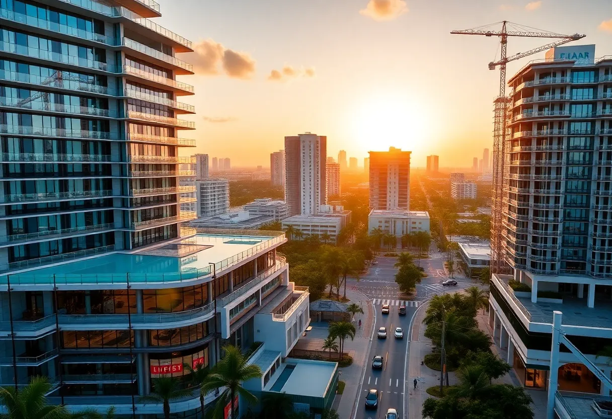 Downtown Fort Lauderdale skyline showing a luxury high-rise with rooftop pool and adjacent construction cranes