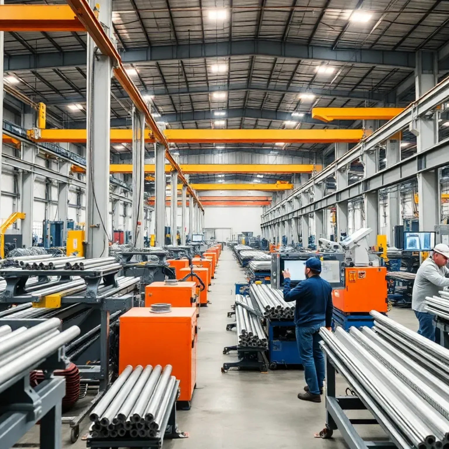 Aluminum extrusion manufacturing process with workers and machinery