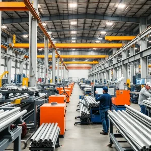 Aluminum extrusion manufacturing process with workers and machinery