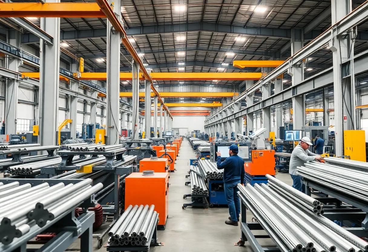 Aluminum extrusion manufacturing process with workers and machinery