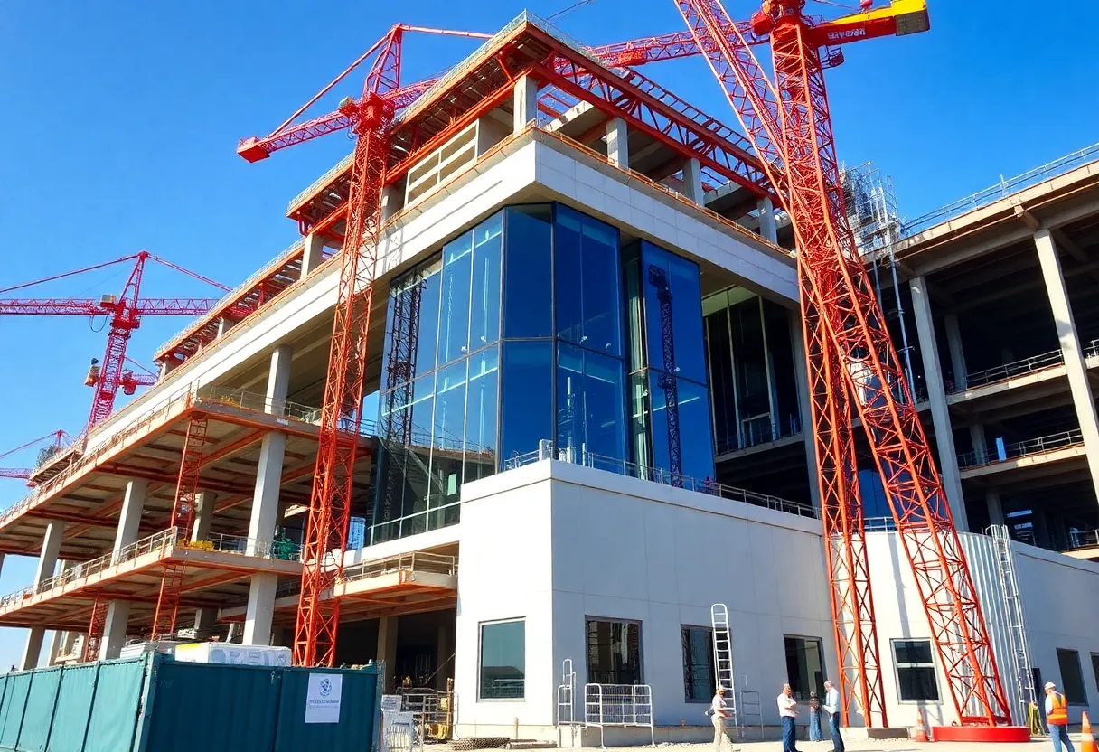 Construction site of a biotech facility with cranes and workers