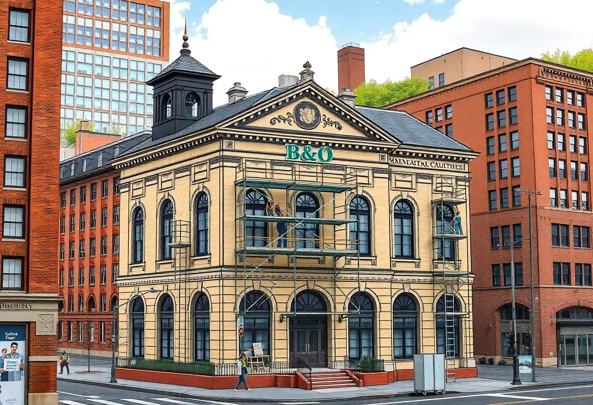 A view of the B&O building in Wheeling undergoing restoration