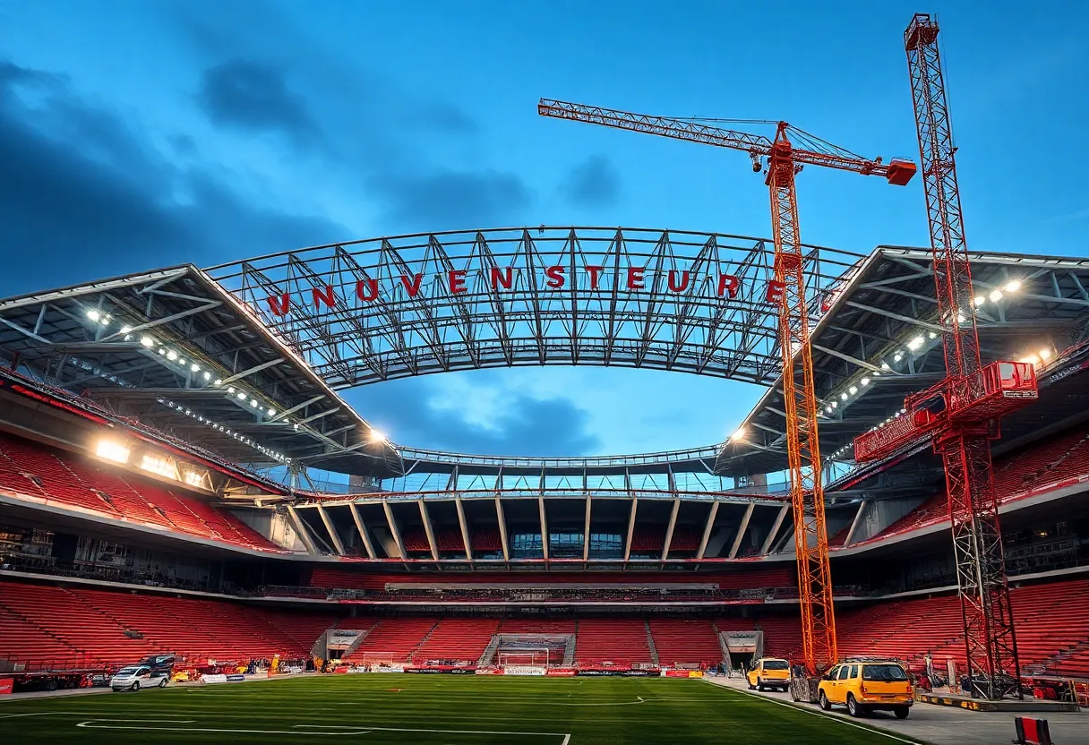 Image of Bounce House stadium construction site with cranes and workers.