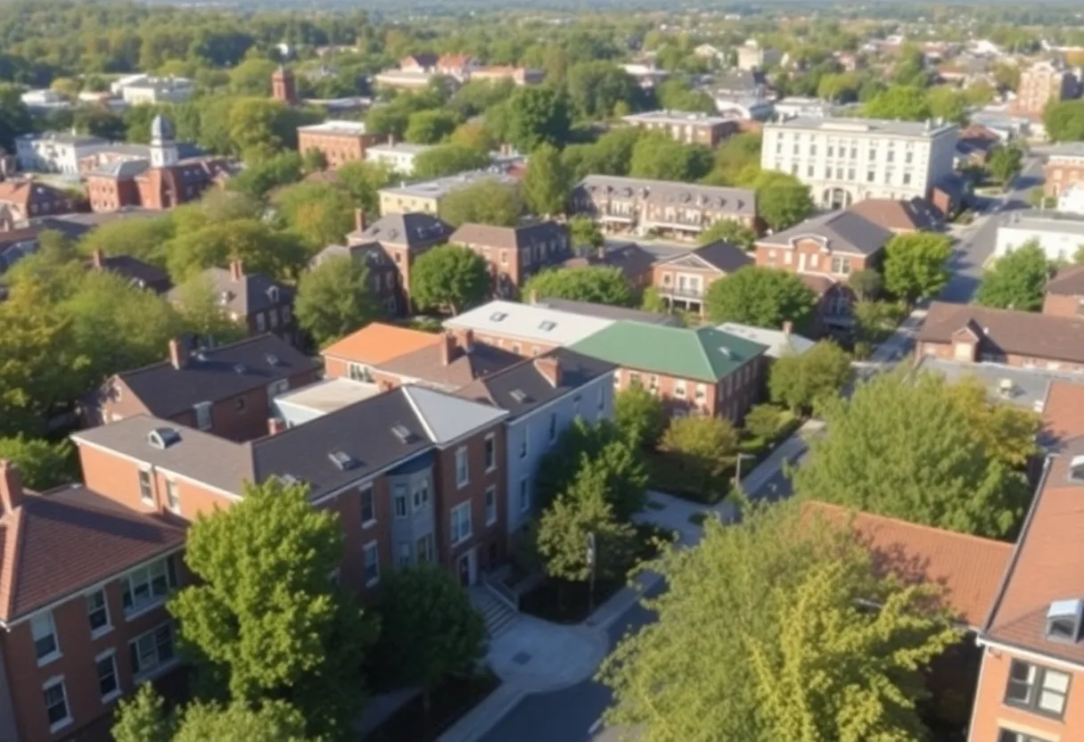 Urban landscape of Charlottesville with diverse housing and community spaces.