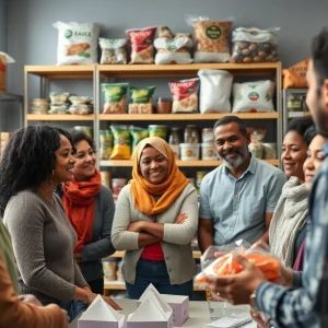 Group of people discussing food security at a community center