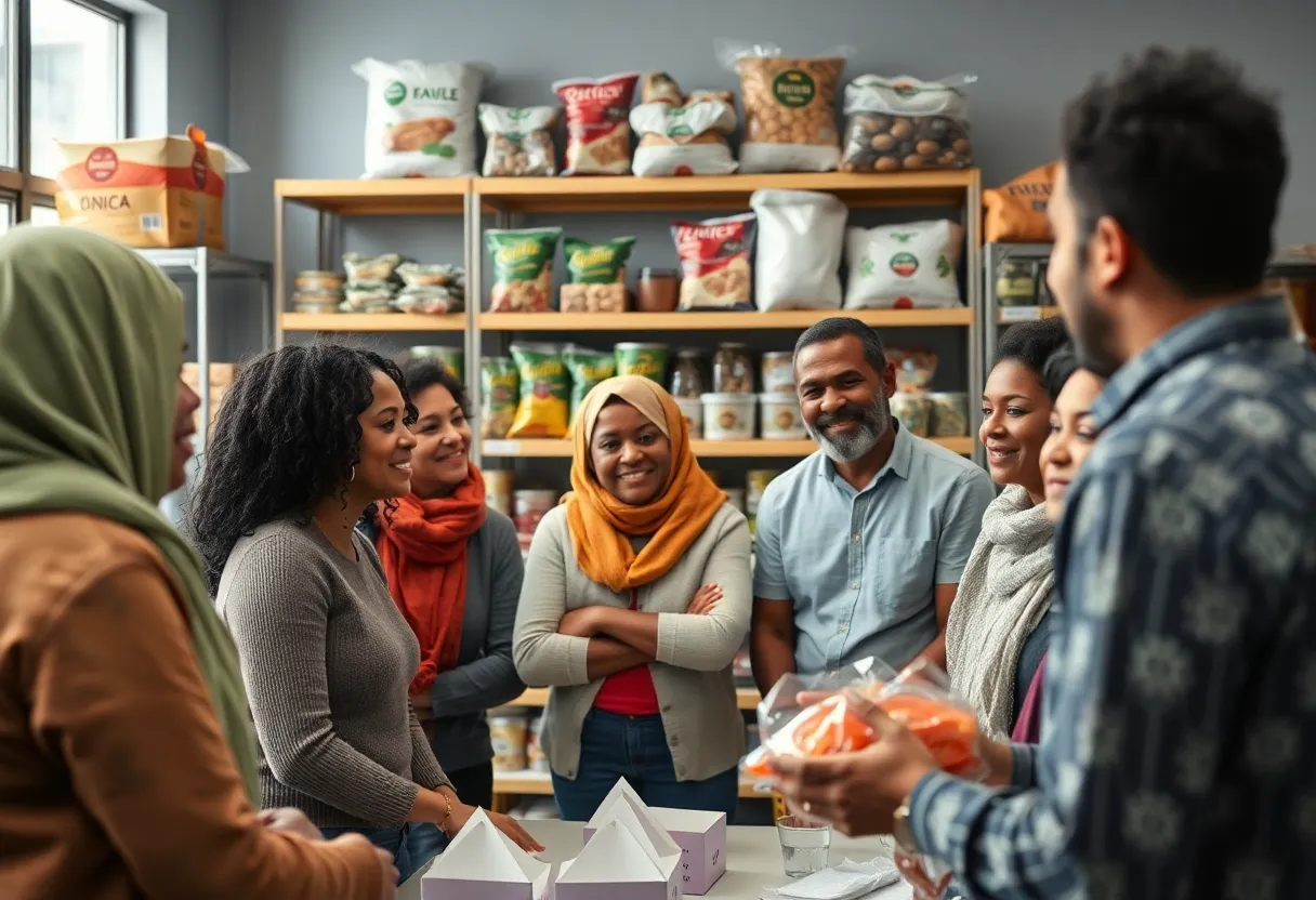 Group of people discussing food security at a community center