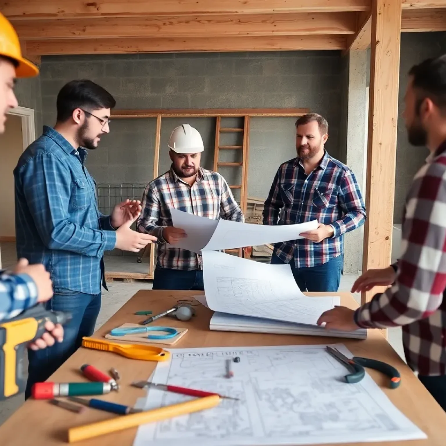 Tense atmosphere at a construction site with workers discussing plans