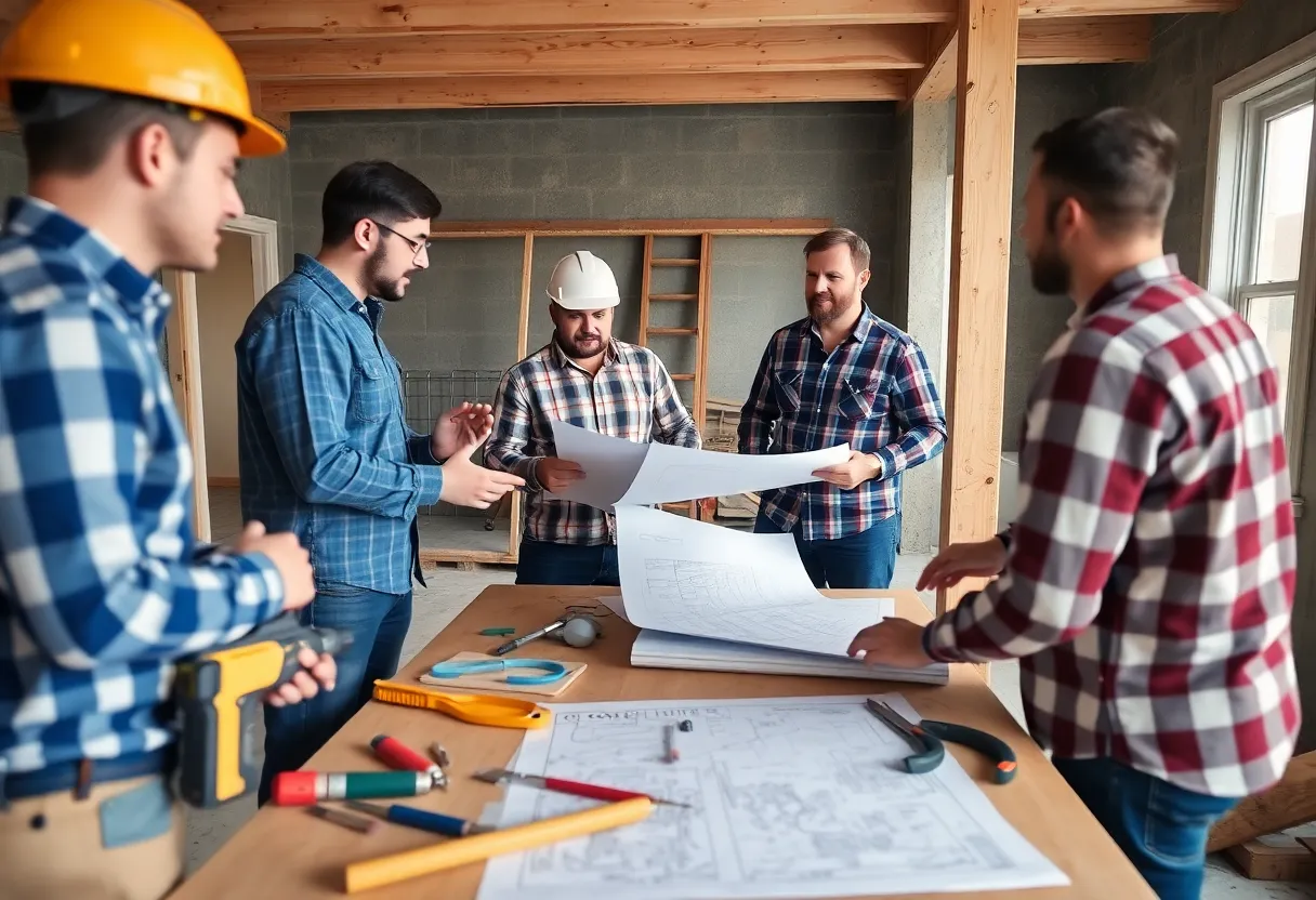 Tense atmosphere at a construction site with workers discussing plans