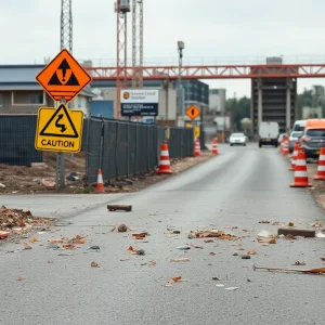 Construction site access road shut down with debris