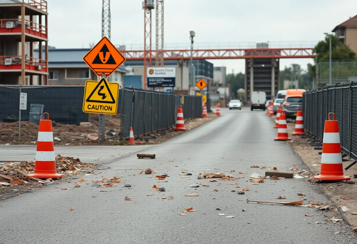 Construction site access road shut down with debris