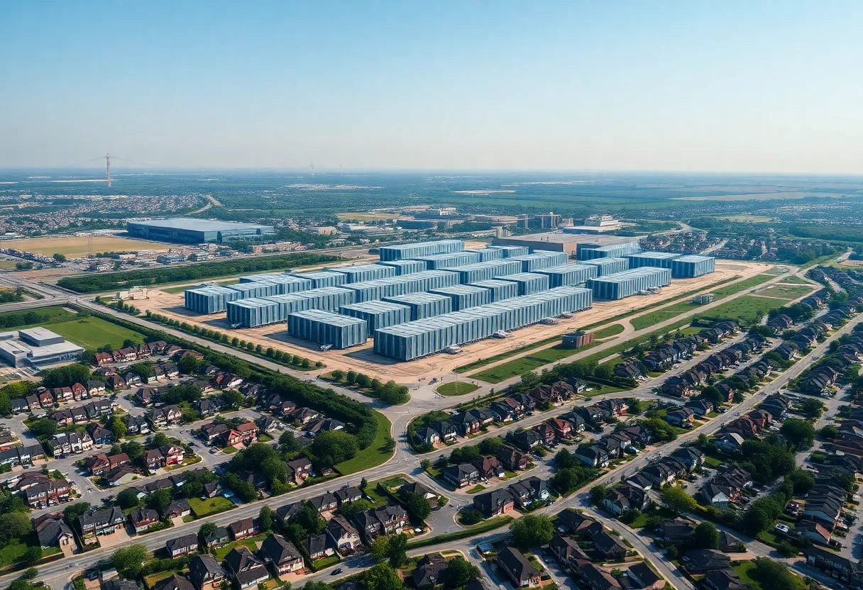 Aerial view of data centers near residential neighborhoods in Virginia