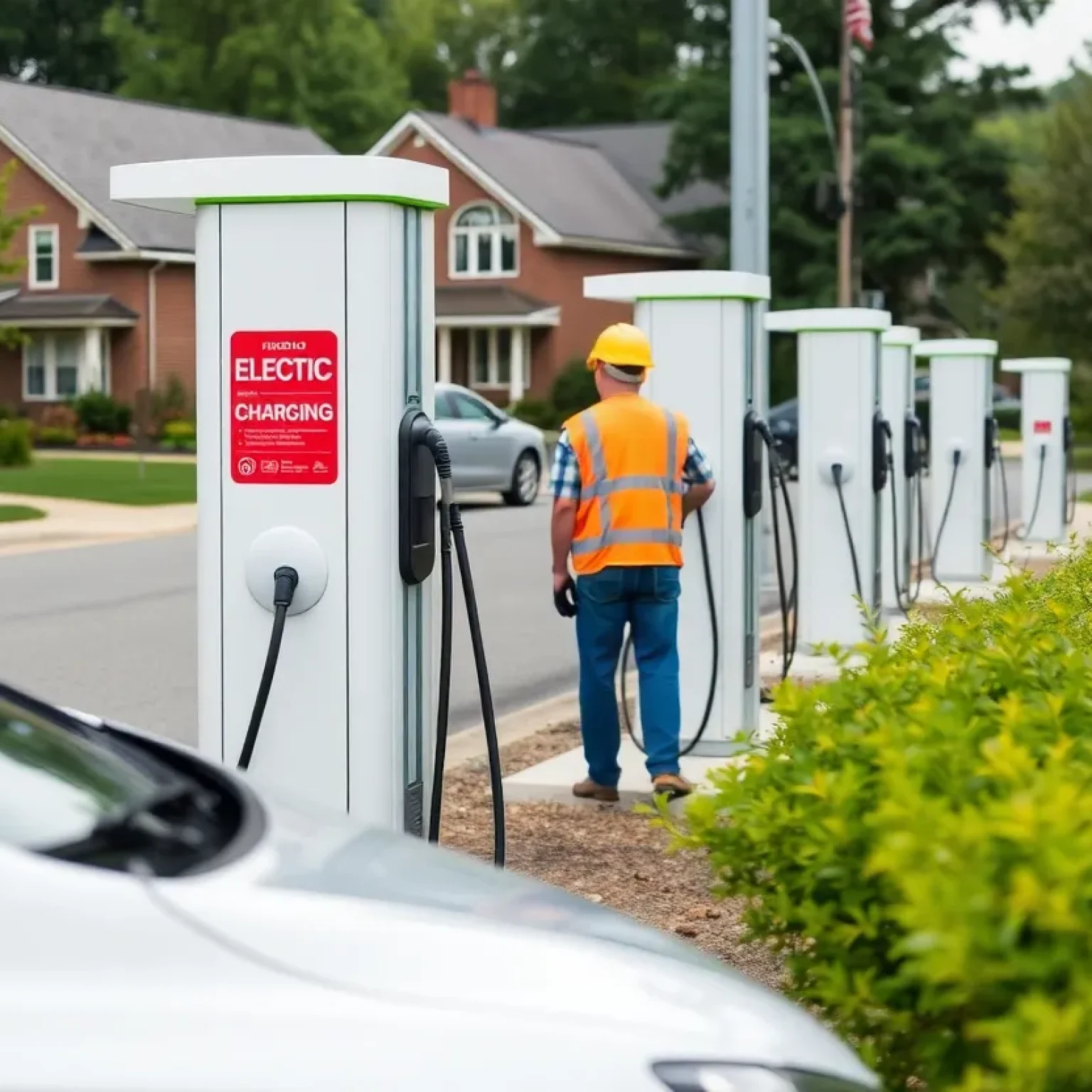 Workers installing electric vehicle chargers in Virginia