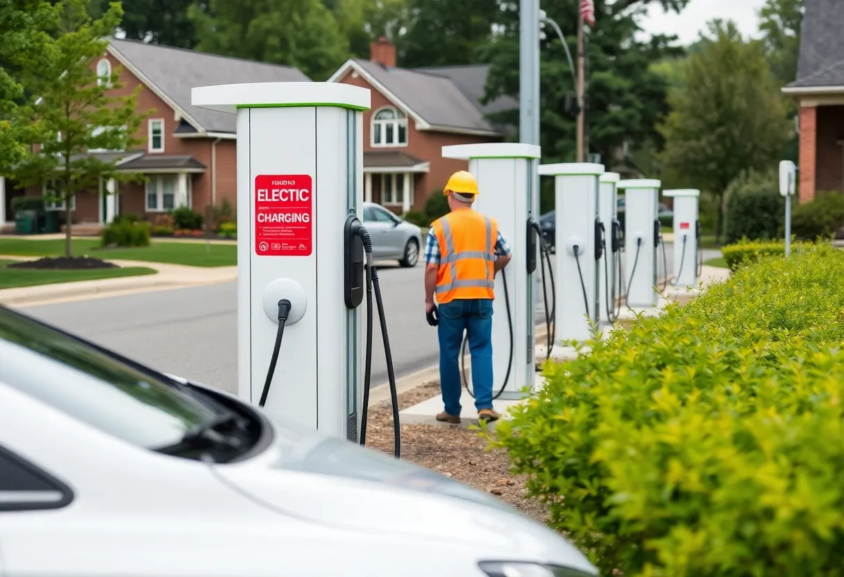 Workers installing electric vehicle chargers in Virginia