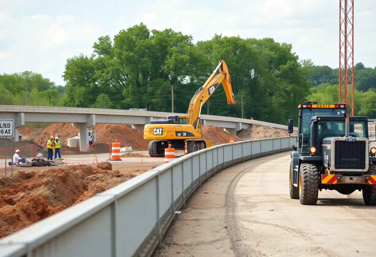 Construction workers and heavy machinery at a new interstate connector site