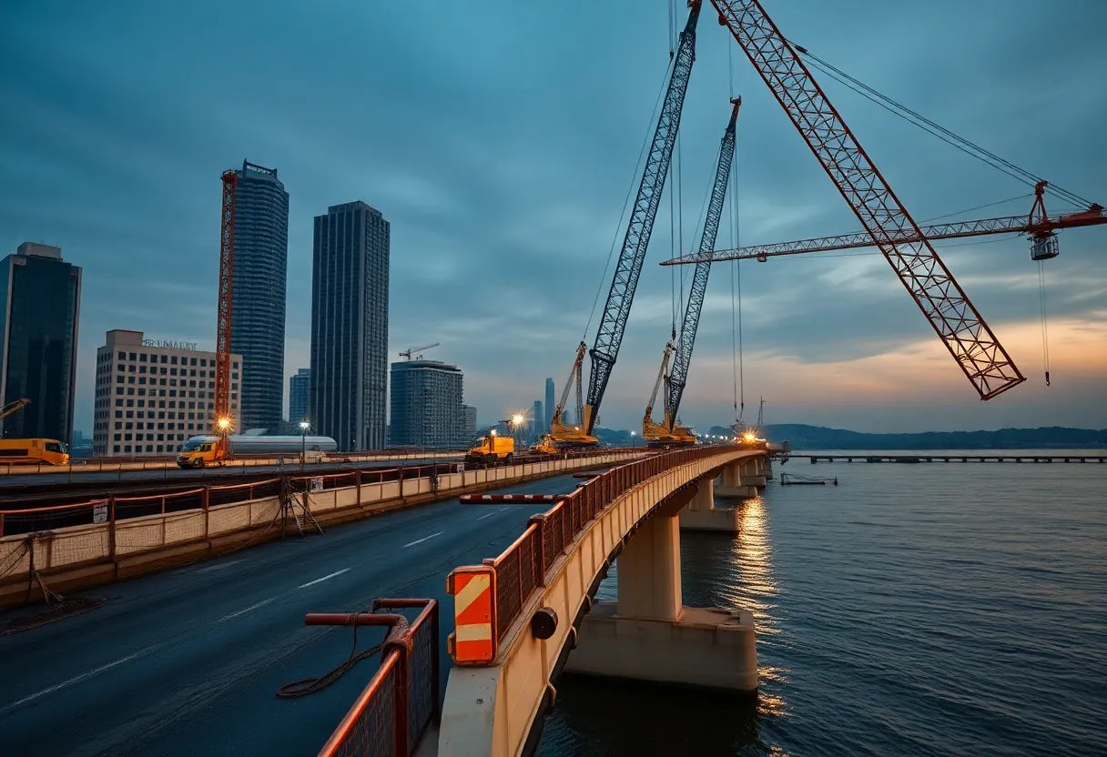 Construction workers performing bridge maintenance in Hampton Roads.