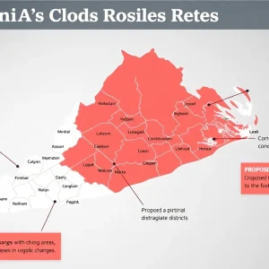 Map showing Virginia's congressional districts and proposed changes due to redistricting.