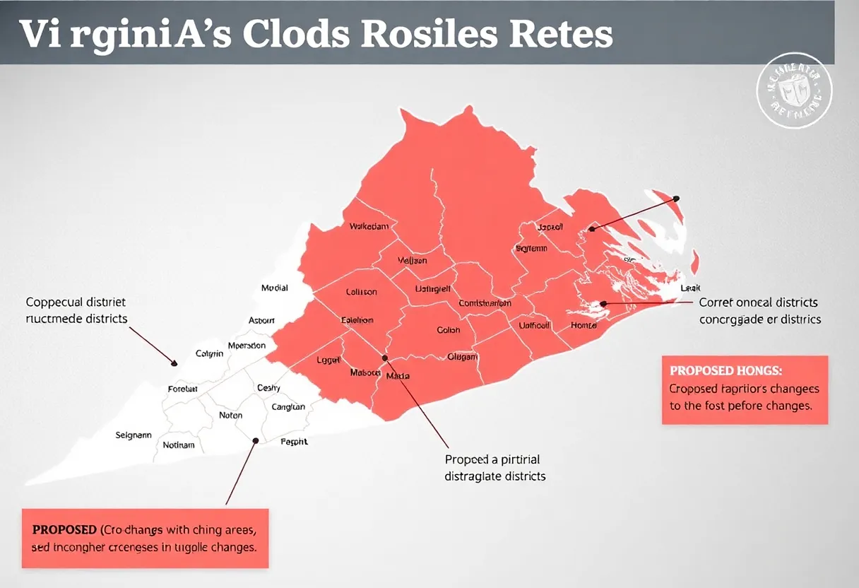 Map showing Virginia's congressional districts and proposed changes due to redistricting.