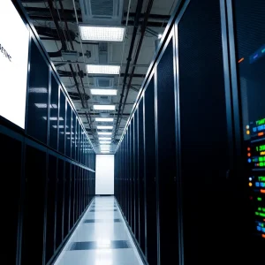 High-tech data center with rows of servers representing the digital economy.