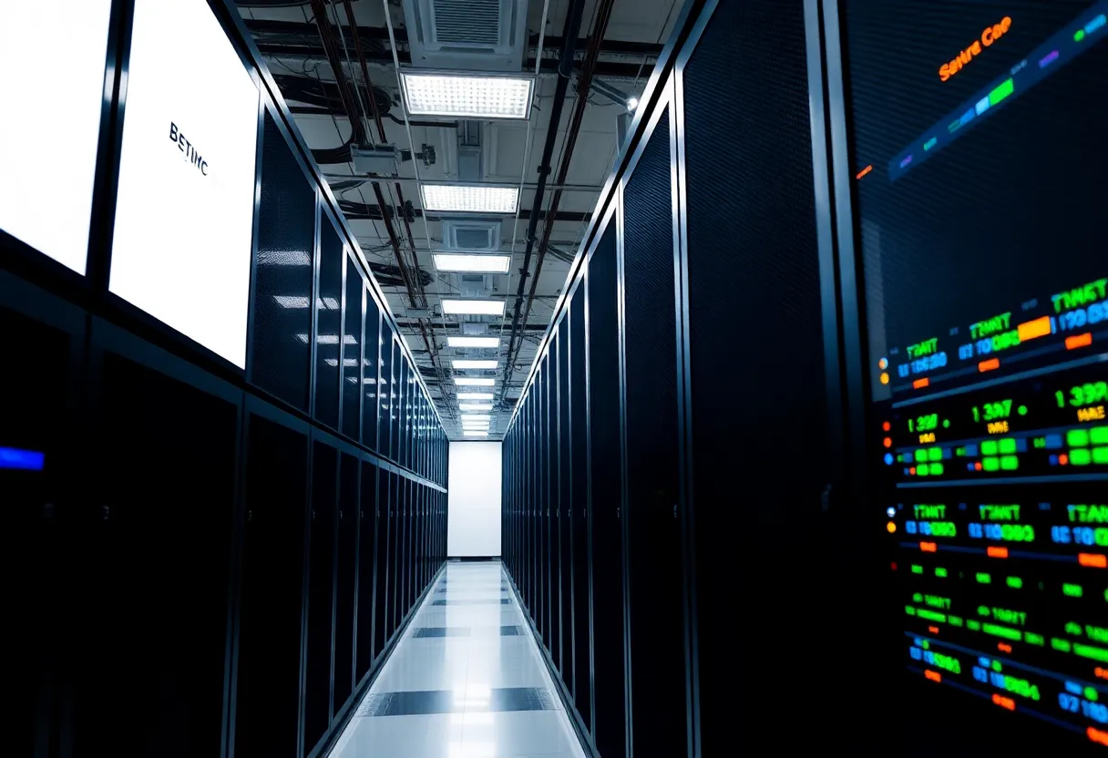 High-tech data center with rows of servers representing the digital economy.