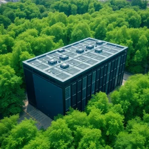 Aerial view of a data center in Virginia with fiber-optic infrastructure
