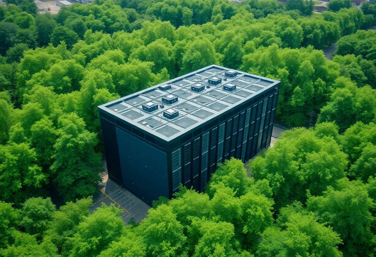 Aerial view of a data center in Virginia with fiber-optic infrastructure