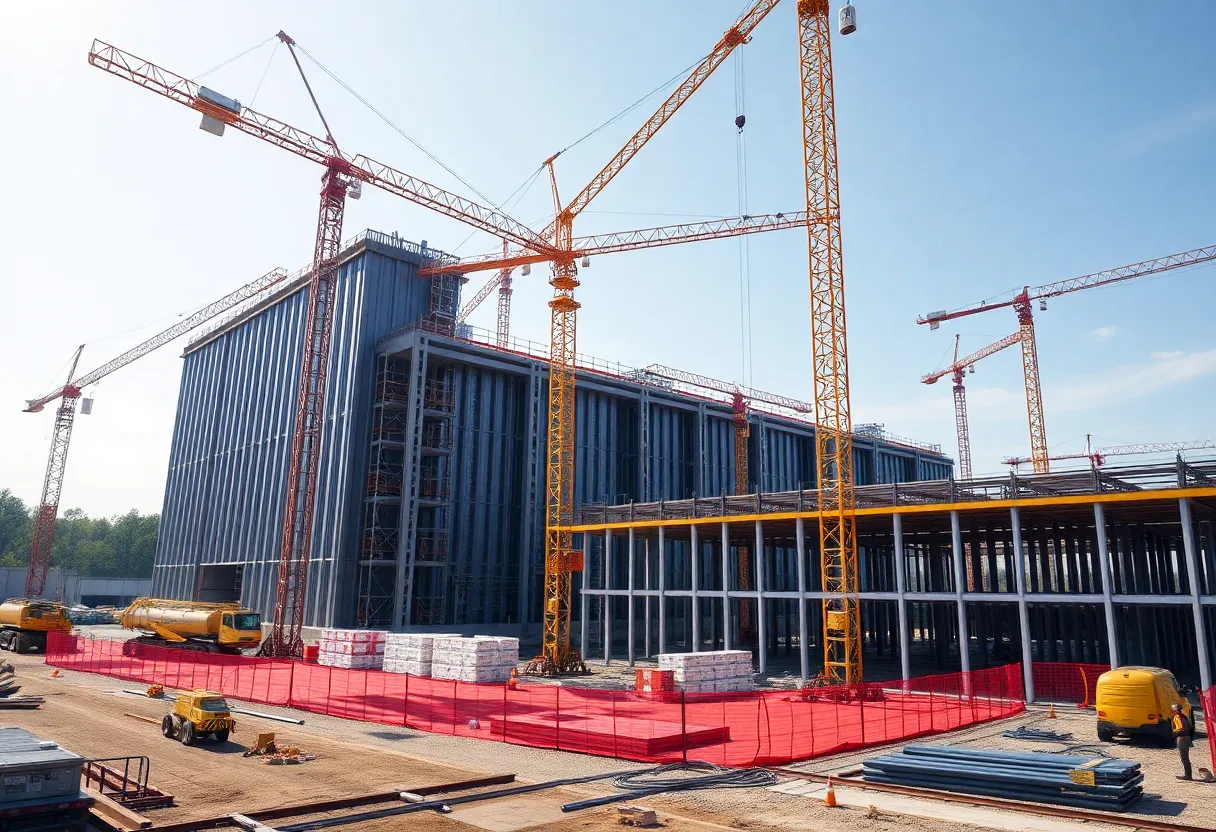 Construction of a data center in Virginia with cranes and workers.