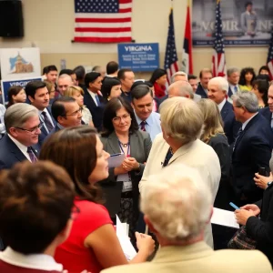 A diverse group of citizens discussing Virginia politics with state symbols in the background.