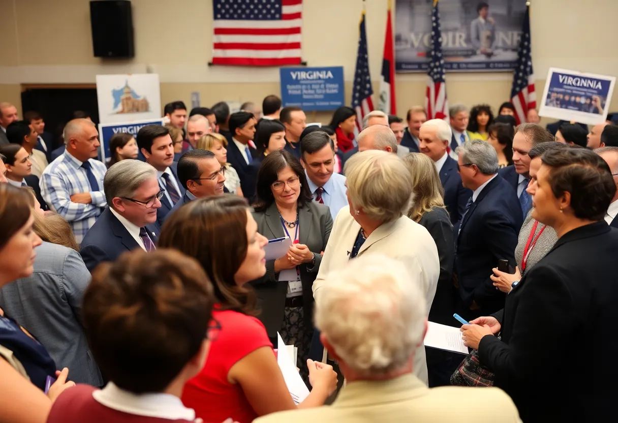 A diverse group of citizens discussing Virginia politics with state symbols in the background.