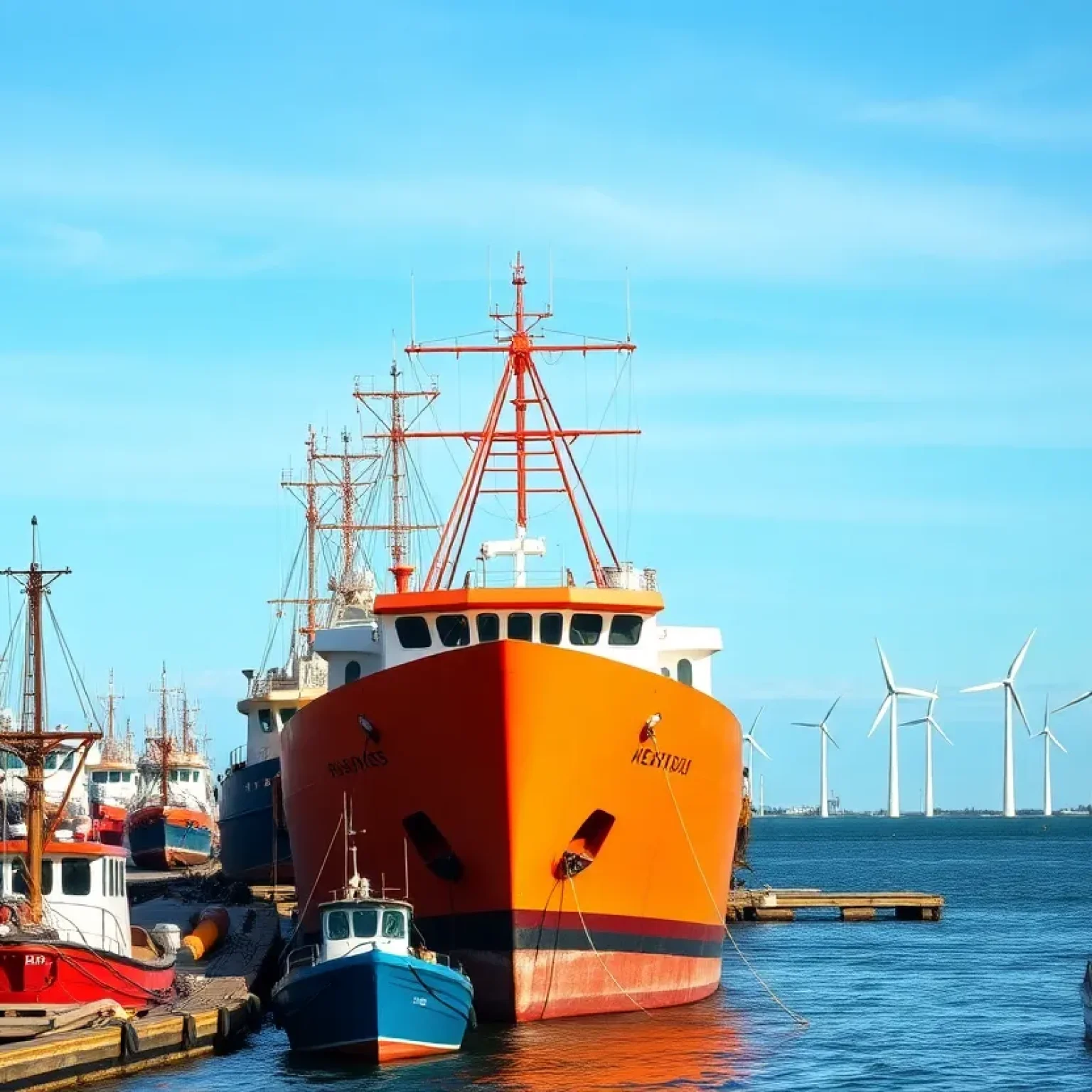 Shipyard in Virginia with offshore wind turbines