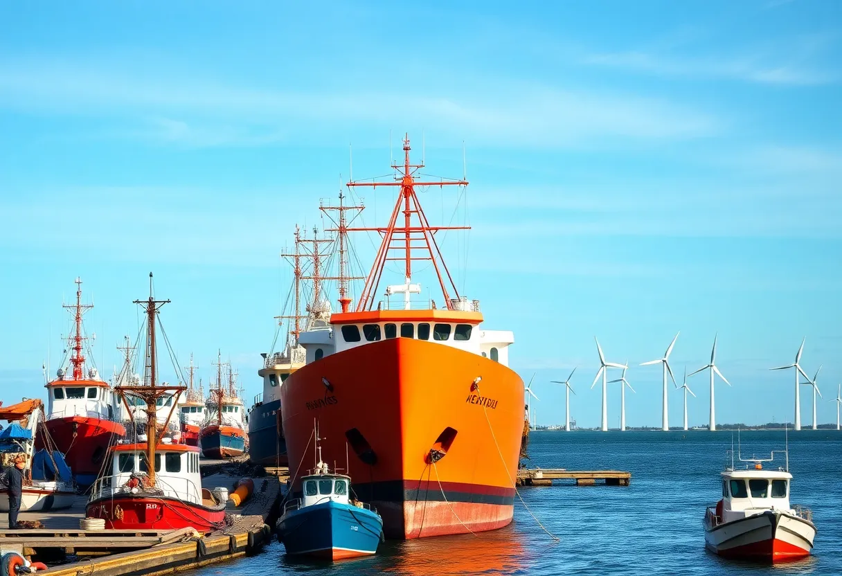 Shipyard in Virginia with offshore wind turbines