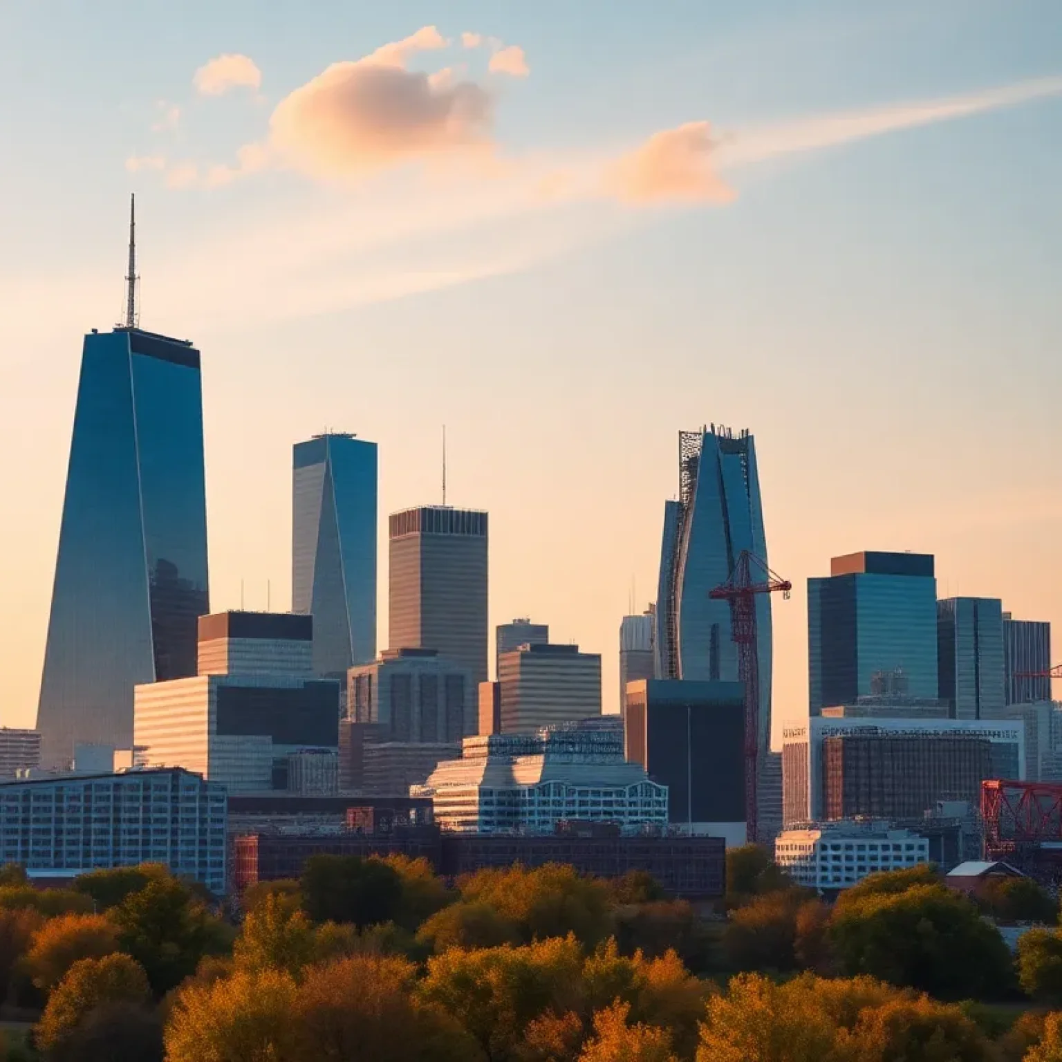 A skyline representing Virginia's economy with technology and manufacturing elements.