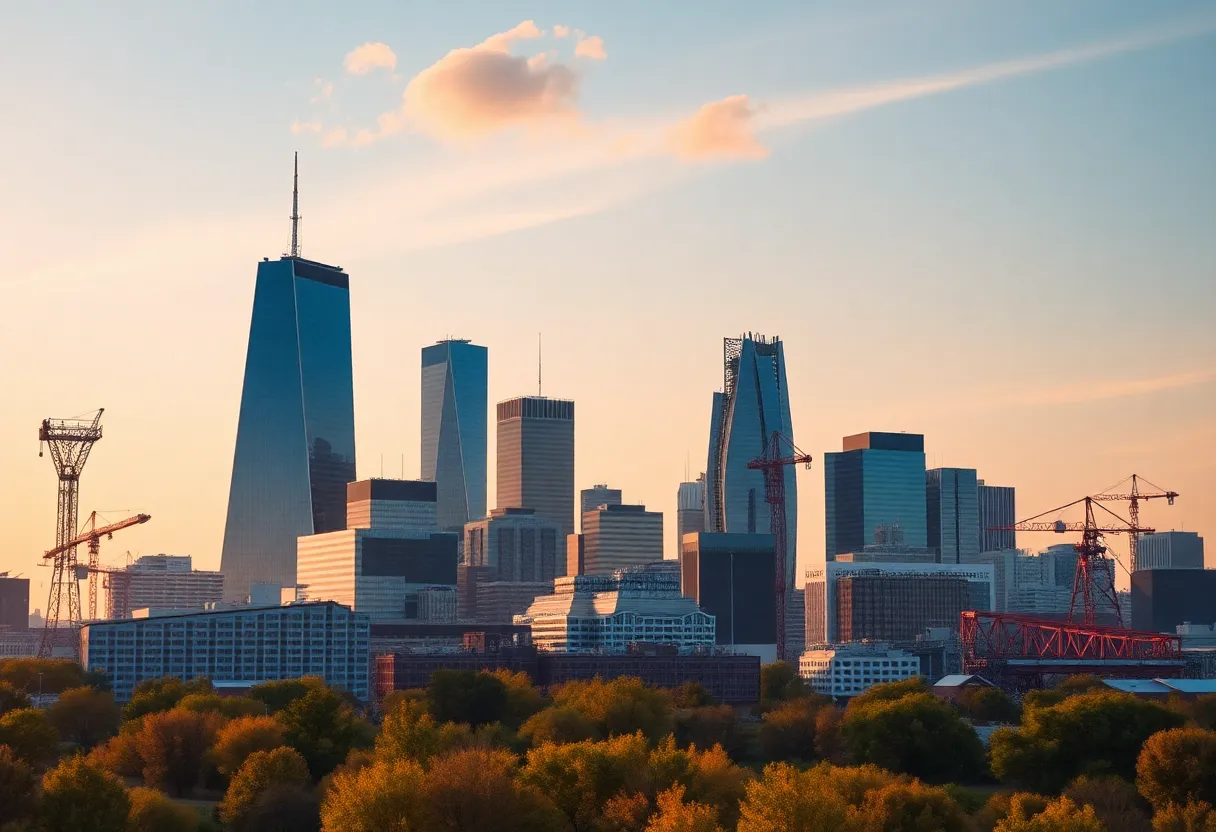 A skyline representing Virginia's economy with technology and manufacturing elements.